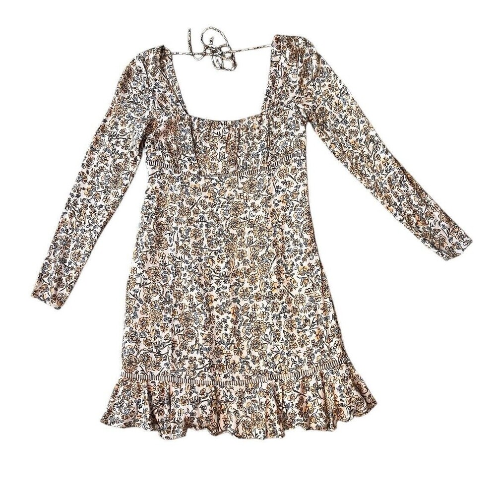 Free People Floral Mini Dress Women Size 2 Cream Tan Long Sleeve Boho Ruffle